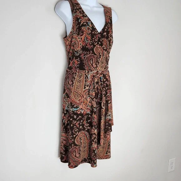 Lauren Ralph Lauren Paisley Print Faux Wrap Dress Sleeveless Belted Size PM - Picture 2 of 13